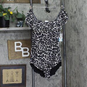 Swim Solutions Off-The Shoulder One Piece Swim Leaping Leopards Black Multi 18W